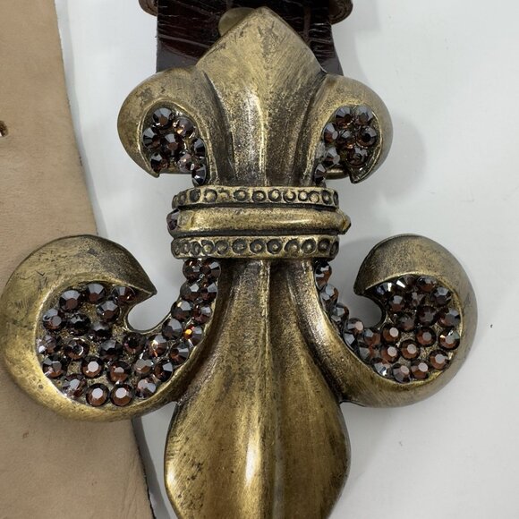 LeatherRock Croc Pattern Leather Belt Rhinestone/Stud Fleur-De-Lis Buckle 32" - Picture 2 of 10